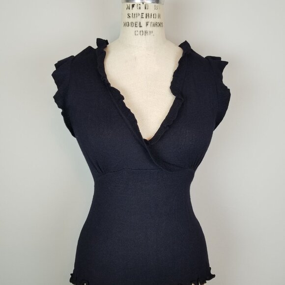 Y2K Lucky Brand Black Knit Flutter Sleeve Knit V Neck Top with Tie Small - Picture 1 of 7